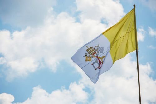 The Vatican City papal flag in Sarajevo's Kosevo Stadium in Bosnia and Herzegovina