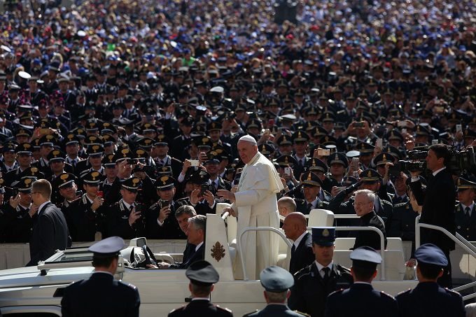 Pope Francis greets members of the military