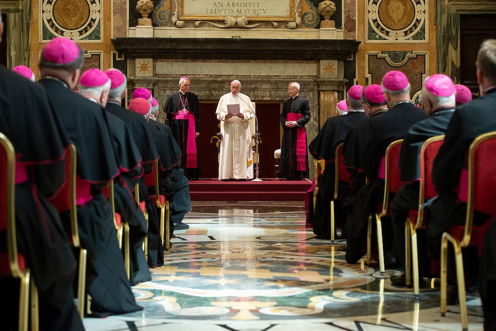 Pope Francis addresses nuncios from around the world during a meeting at the Vatican June 13