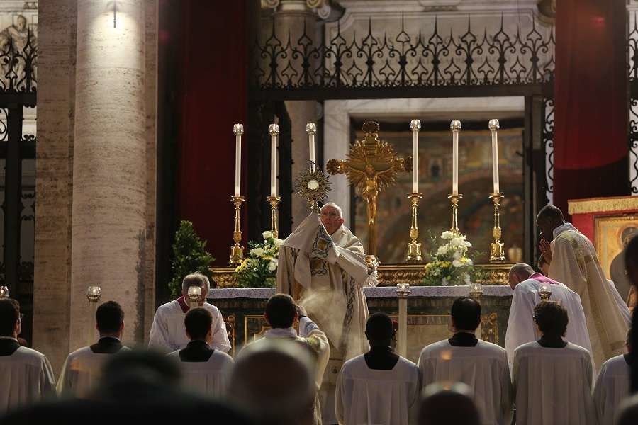 Pope Francis gives benediction on the Feast of Corpus Christi May 26