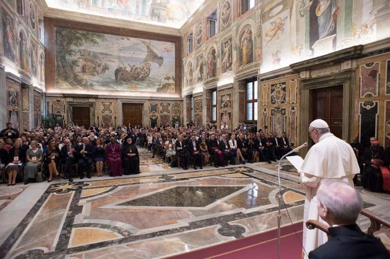 Pope Francis addresses a conference on Laudato Si