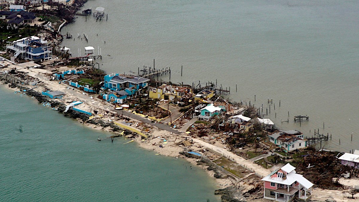 An aerial view shows Hurricane Dorian damage over an unspecified location in the Bahamas in this Sept. 3