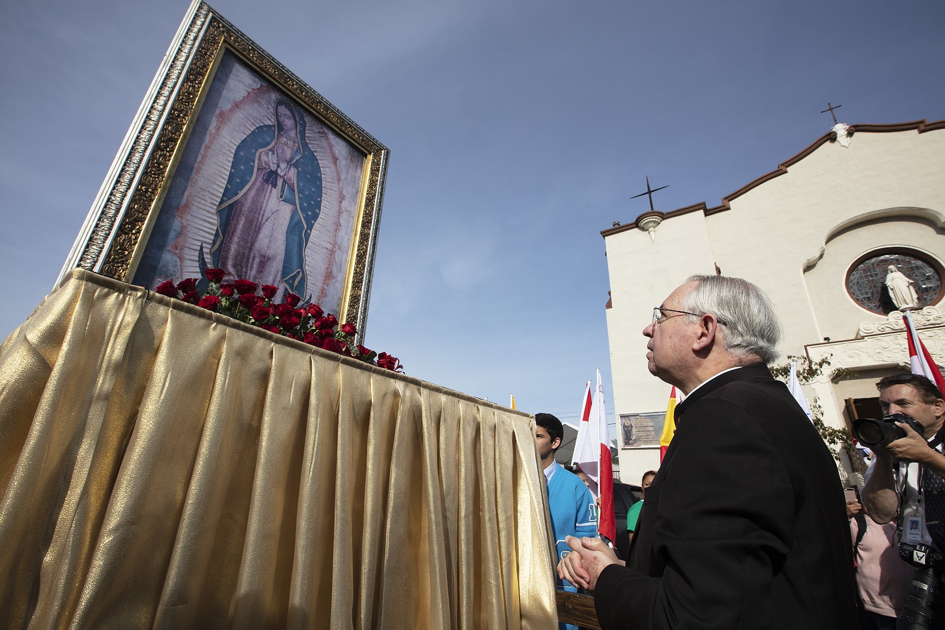 Archbishop Gomez prays before an image of Our Lady of Guadalupe at the 2018 Annual Procession and Mass. 