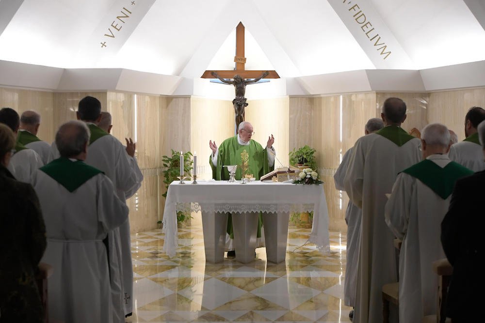 Pope Francis celebrates morning Mass in the chapel of his residence