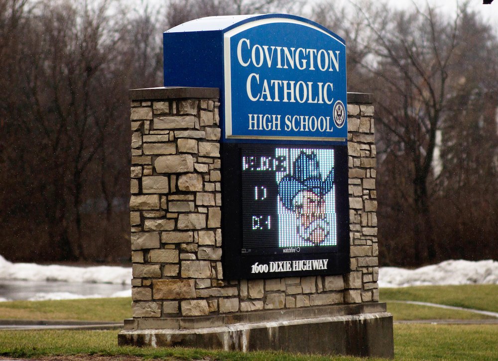 A marquee for Covington Catholic High School is seen Jan. 23 in Park Hills