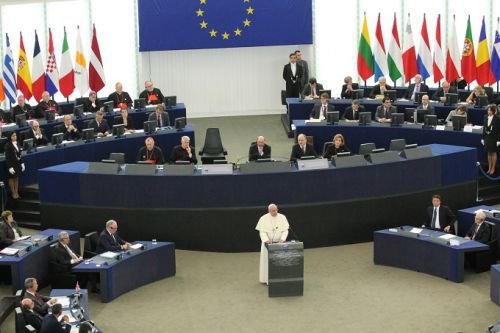 Pope Francis addresses the European Parliament in Strasbourg on Nov. 25