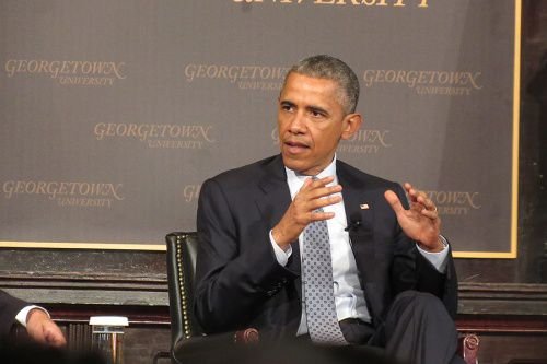 US president Barack Obama speaks at Georgetown University