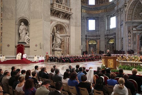 Pope Francis listens as Fr. Raniero Cantalamessa