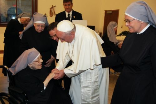 Pope Francis greets Sister Marie Mathilde