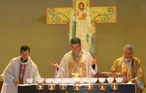 A priest from the Shalom Community celebrates Mass at a Shalom Evangelization Center in Fatima