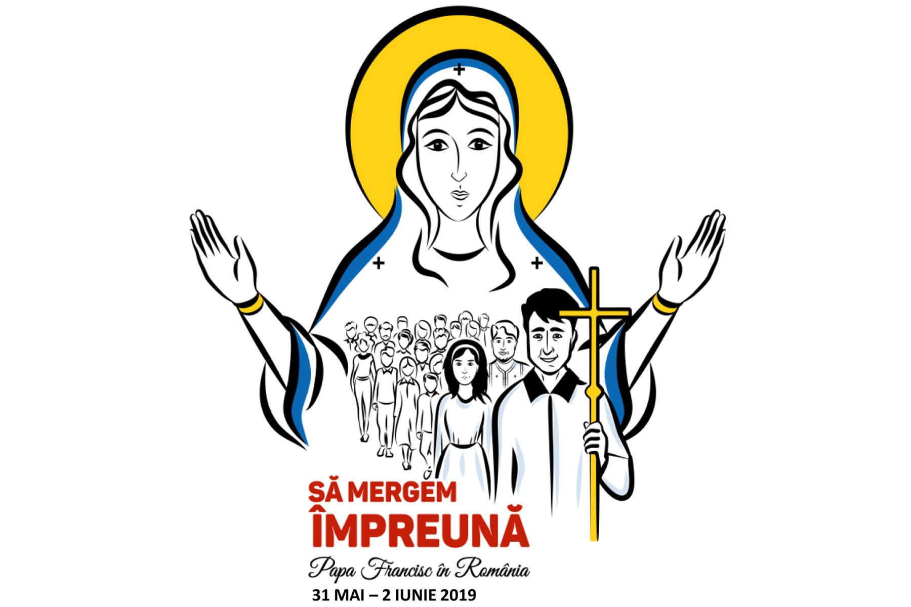 This is the logo for Pope Francis' trip to Romania in late May to call for unity and a greater focus on the common good. The theme of the visit is "Let's walk together" and shows Mary