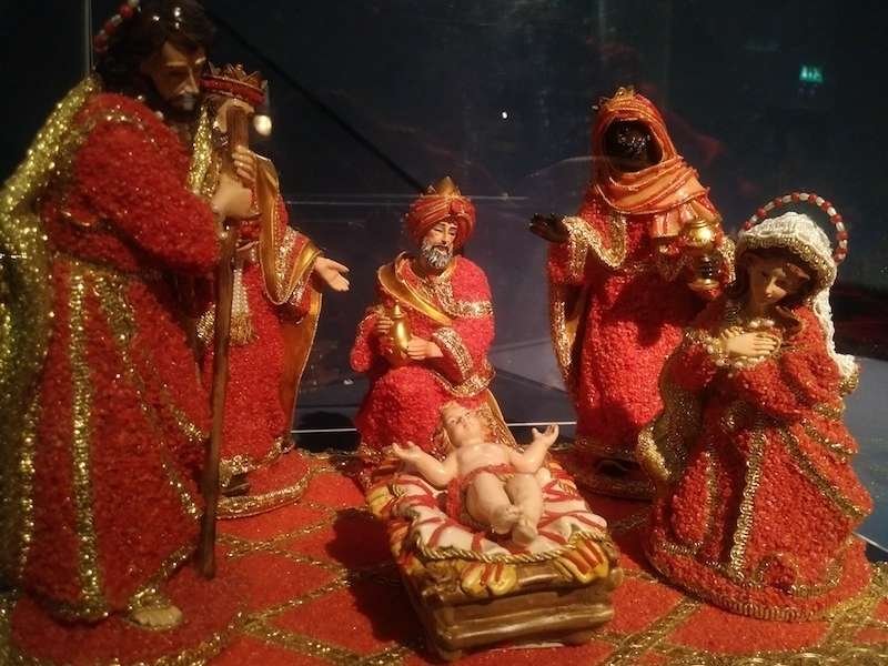 Nativity made of red coral in the "100 Nativities at the Vatican" display. Credit: Courtney Grogan / CNA.