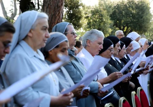 Religious sisters attend the enthronement of Our Lady of Charity in the Vatican Gardens