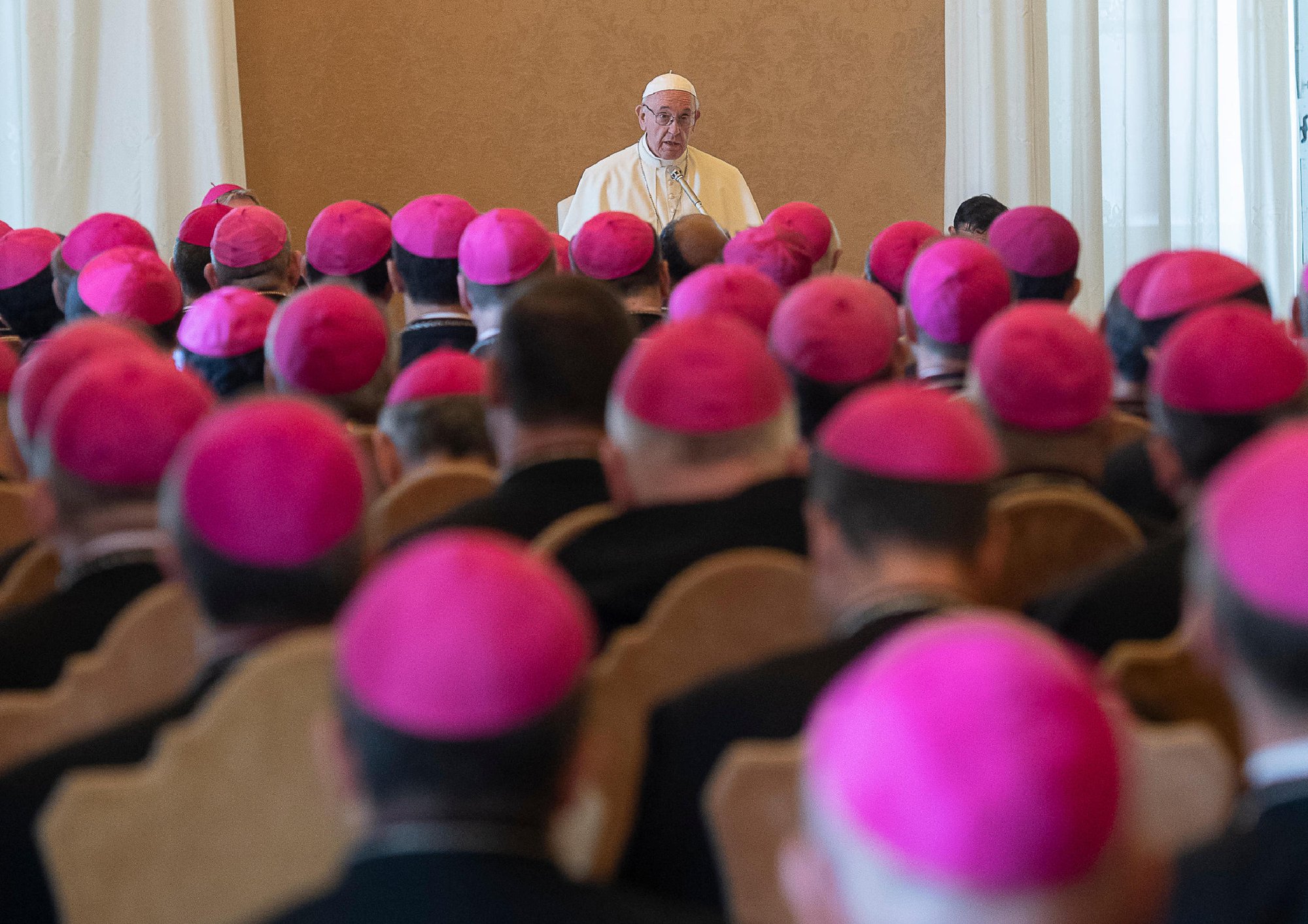 Pope Francis speaks during a meeting with recently appointed bishops from around the world at the Vatican Sept. 13. The pope spoke about updating the processes of selection