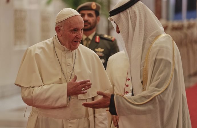 Pope Francis is welcomed by Abu Dhabi's Crown Prince Sheikh Mohammed bin Zayed Al Nahyan