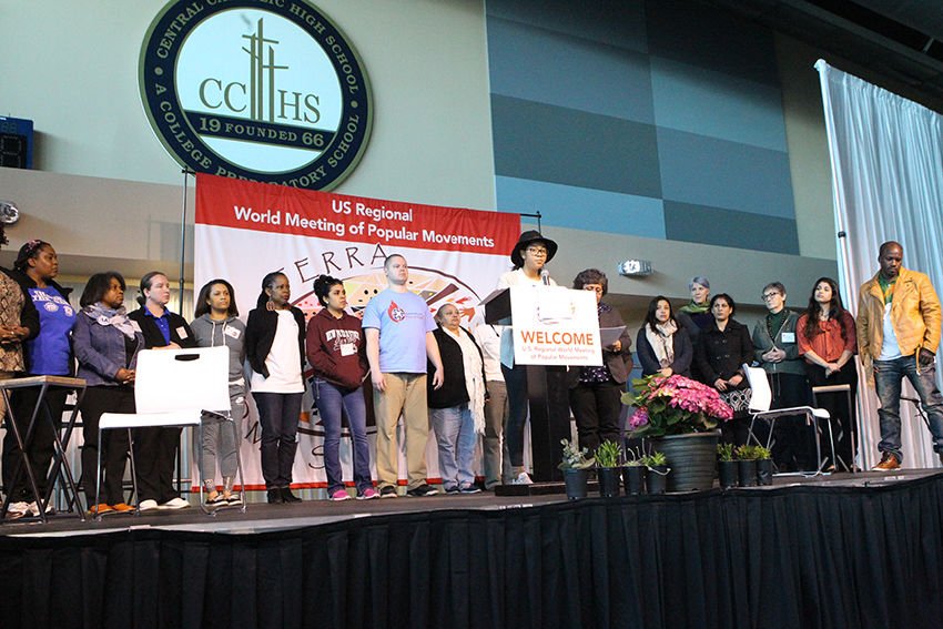 Representatives from small groups give the final message from the U.S. Regional World Meeting of Popular Movements Feb. 19 in Modesto