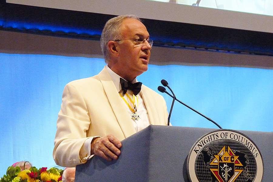 Supreme Knight Dr. Carl A. Anderson address the 129th Knights of Columbus Supreme Convention during the States Dinner. Credit: Peter Zelasko/CNA