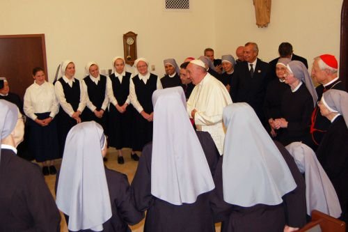 Pope Francis discusses care of the elderly with Little Sisters of the Poor at the Jeanne Jugan Residence in Washington