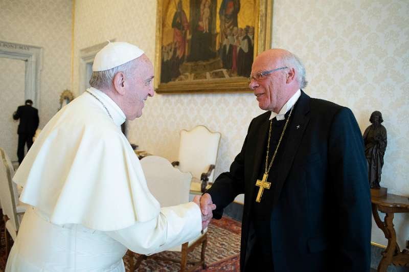 Pope Francis greets Bishop Ulrich of the German Evangelical Lutheran Church at the Vatican