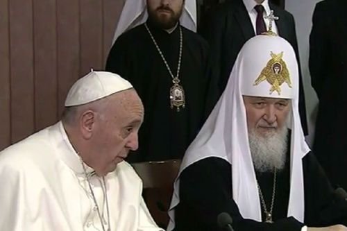 Pope Francis meets with Patriarch Kirill.