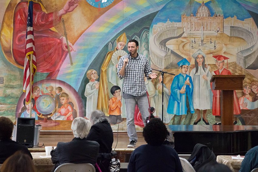 Vinny Fasline tells jokes at Christ the King