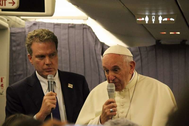 Pope Francis speaks aboard the papal plane from Lima