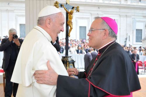 Pope Francis with Archbishop Charles Chaput at the Wednesday general audience in St. Peter's Square on June 24