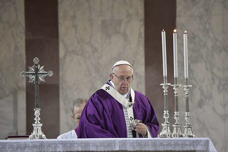 Pope Francis celebrates Ash Wednesday at the Church of Sant'Anselmo all'Aventino on February 14