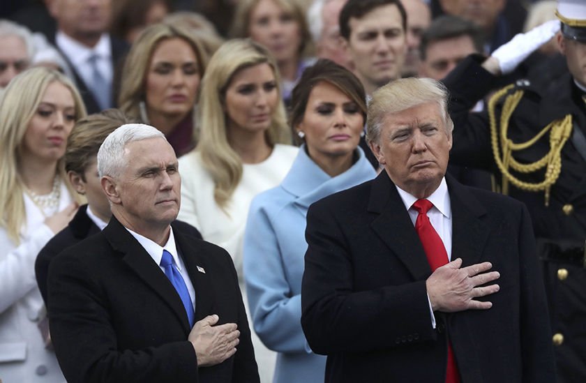 U.S Vice President Mike Pence and President Donald Trump stand for the singing of the national anthem after Trump's swearing-in as the country's 45th president at the U.S. Capitol in Washington. (CNS photo/Carlos Barria