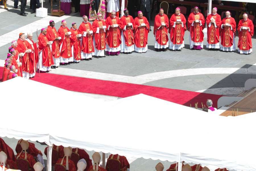 Newly appointed metropolitan archbishops from around the world at a Mass with Pope Francis in St. Peter's Square to recieve their pallia