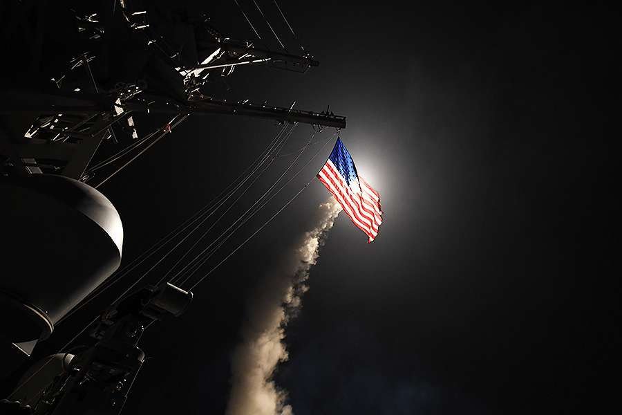 The destroyer USS Porter conducts strike operations while in the Mediterranean Sea