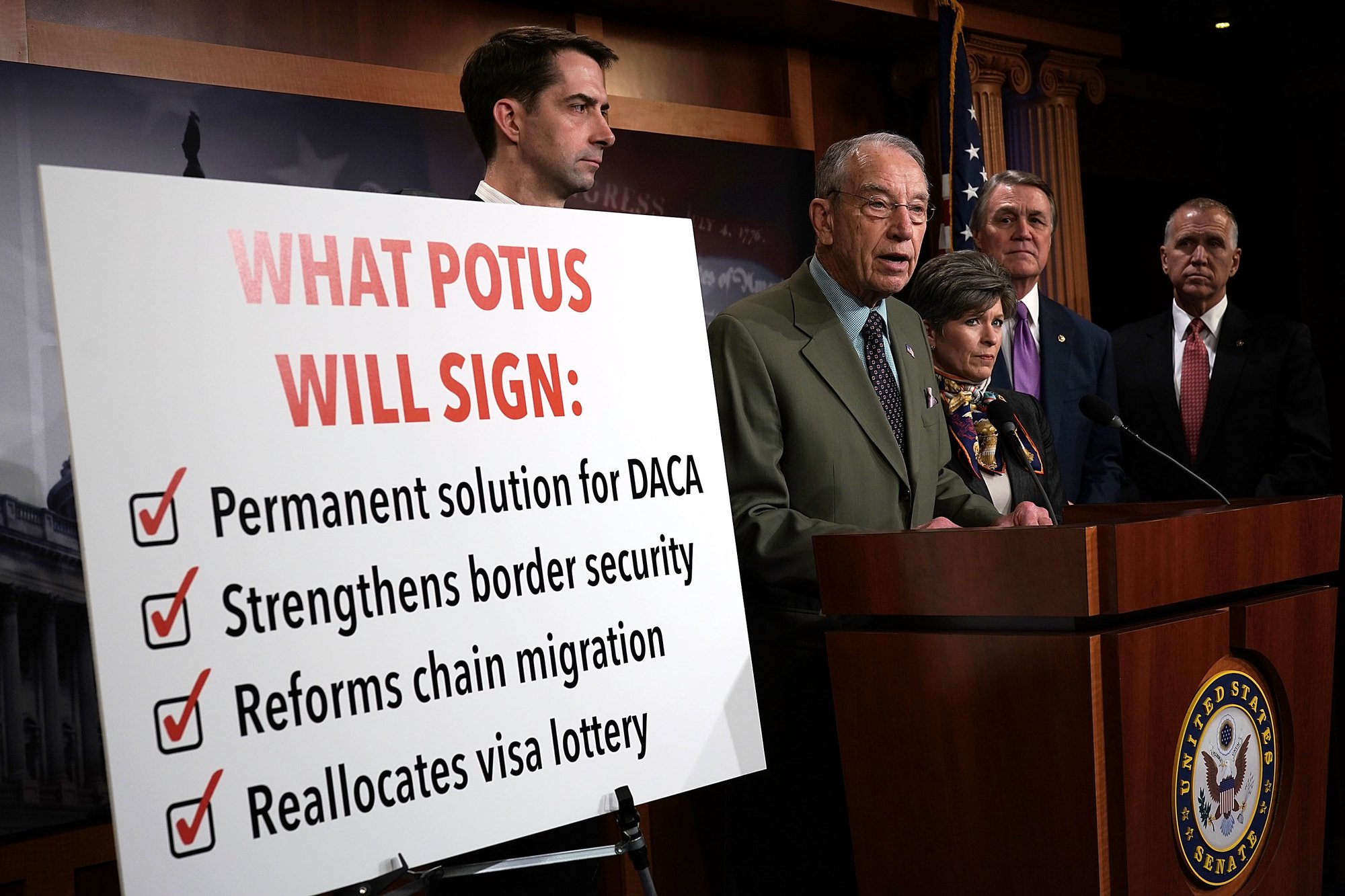 U.S. Sen. Chuck Grassley (R-IA) (2nd L) speaks as (L-R) Sens. Tom Cotton (R-AR)