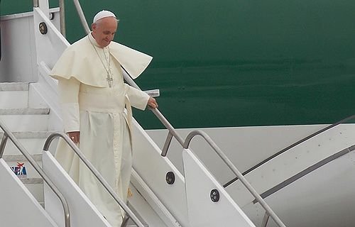 Pope Francis arrives at the airport in Rio de Janeiro