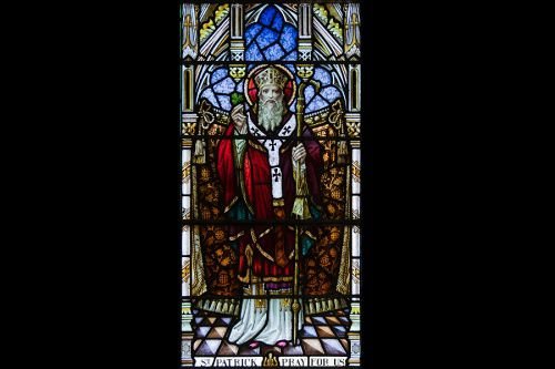 Detail of stained glass depicting St. Patrick