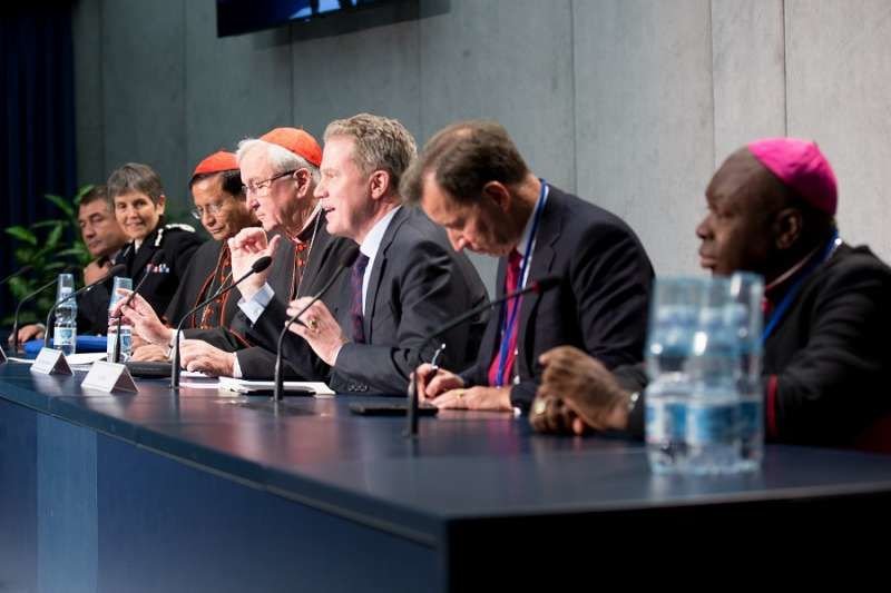 Participants in the Santa Marta Group conference speak at the Holy See Press Office Feb. 9