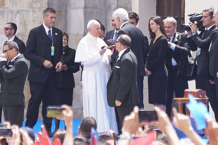 Pope Francis receives key to the city of Bogota during his papal visit to Colombia Sept. 7