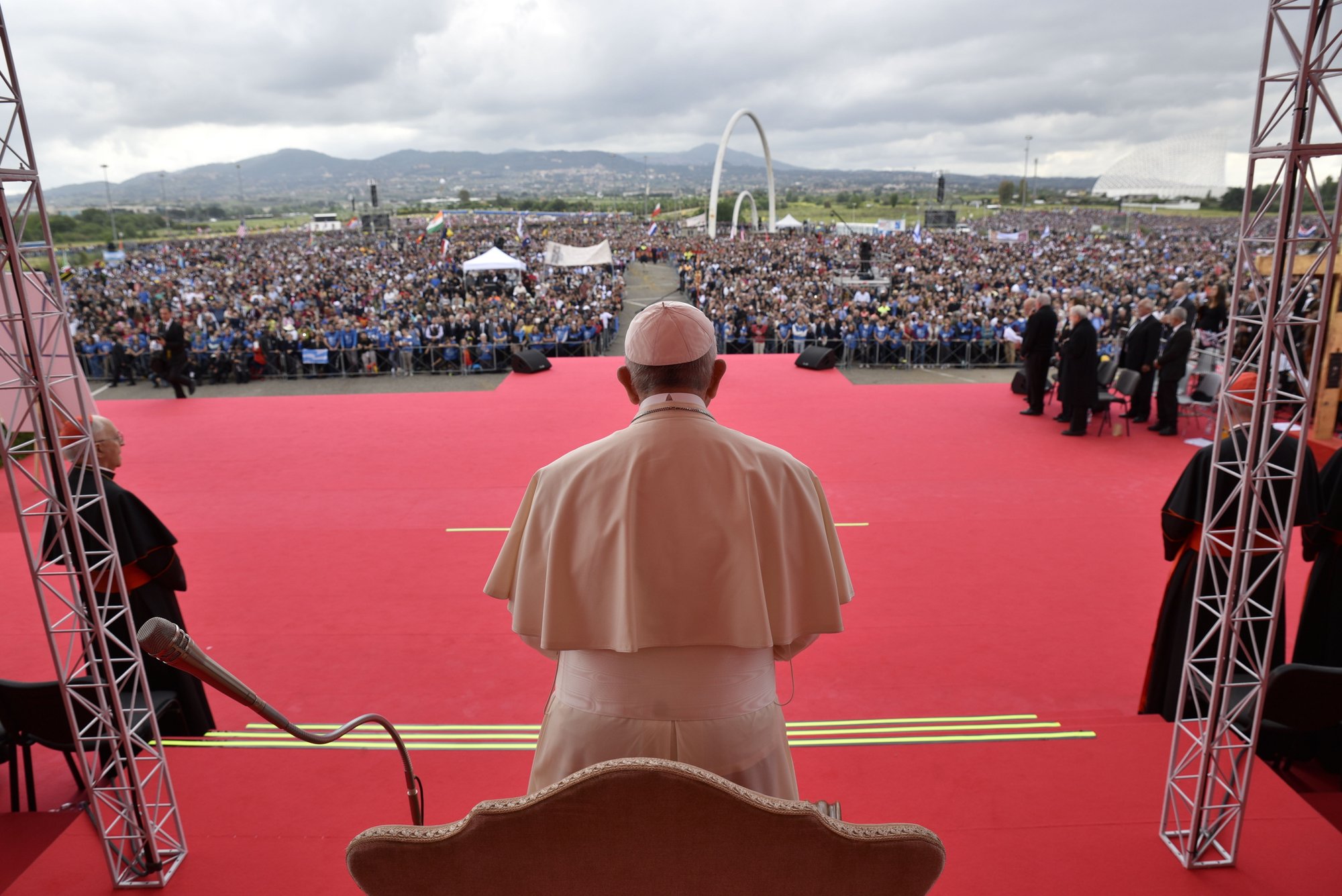 Pope Francis presides over the 50th anniversary celebration of the Neocatechumenal Way's arrival in Rome outside University of Rome Tor Vergata on May 5. Some 150