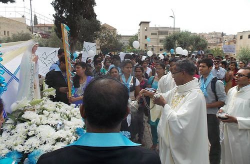 Pilgrims gathered for a Marian procession with the Indian Chaplaincy in the Holy Land. Credit: Fr. Tojy Jose