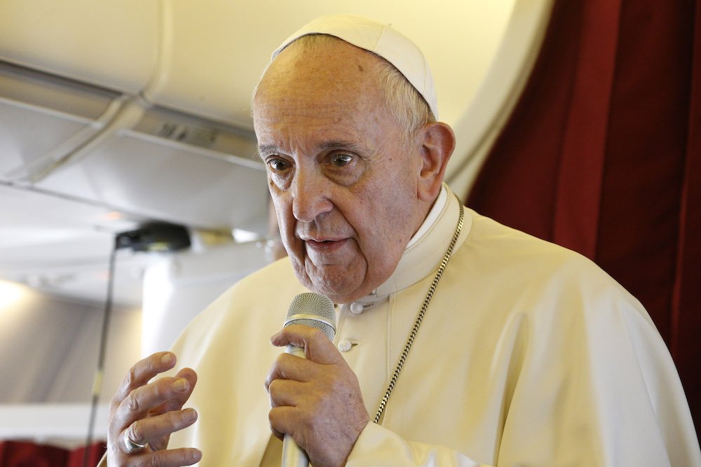 Pope Francis answers questions from journalists aboard his flight from Rabat