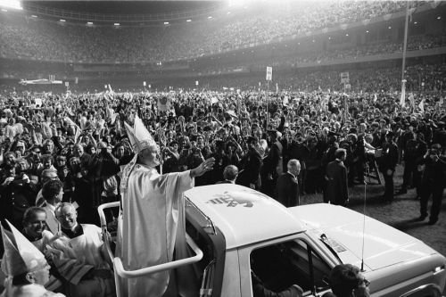 Pope Saint John Paul II during his first papal visit to the United States in 1979. He is the founder of World Youth Days