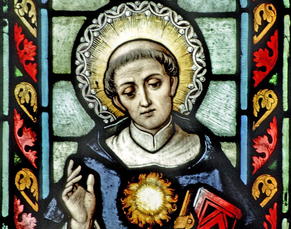 St. Thomas Aquinas is seen in stained glass at the Basilica of Our Lady of the Immaculate Conception in Guelph