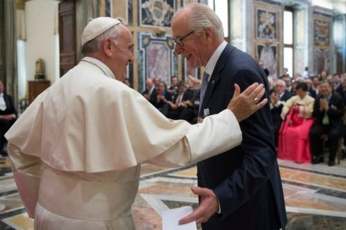 Pope Francis greets the head of the Centesimus Annus pro Pontifice Foundation in the Vatican's Clementine Hall