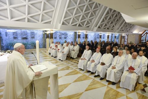 Pope Francis says Mass at the chapel of Santa Marta house in the Vatican