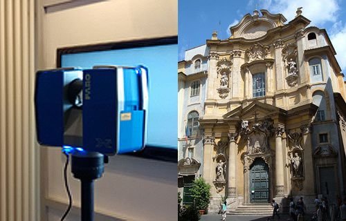 3D scanning technology and Santa Maria Maddelena Church in Rome via Wikimedia.