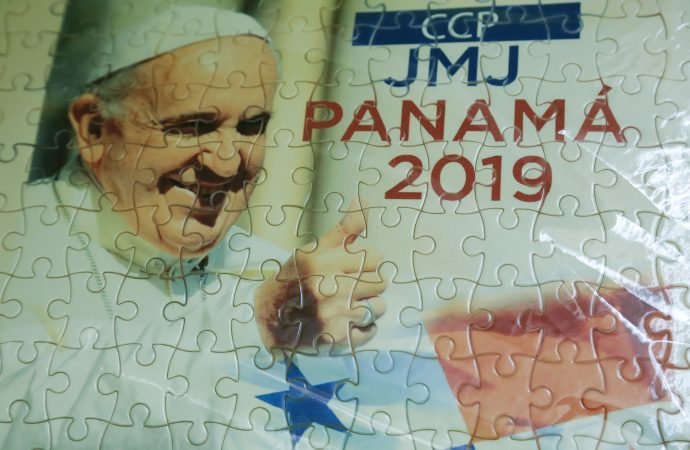 A puzzle with an image of Pope Francis is displayed at one of the workshops where young inmates work
