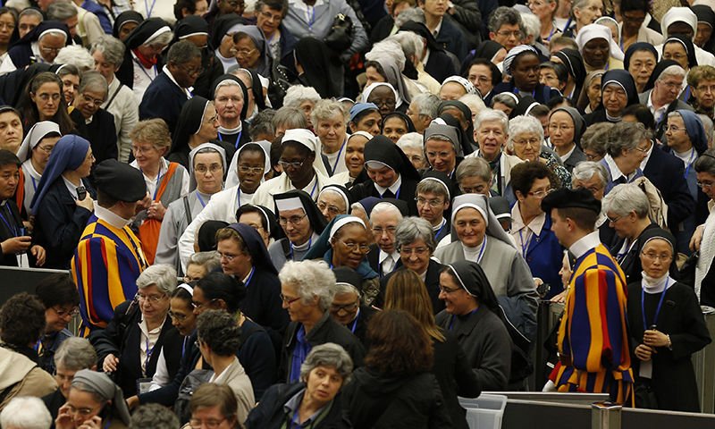 The heads of women’s religious orders leave an audience with Pope Francis in Paul VI hall at the Vatican May 12.During a question-and-answer session with members of the UISG