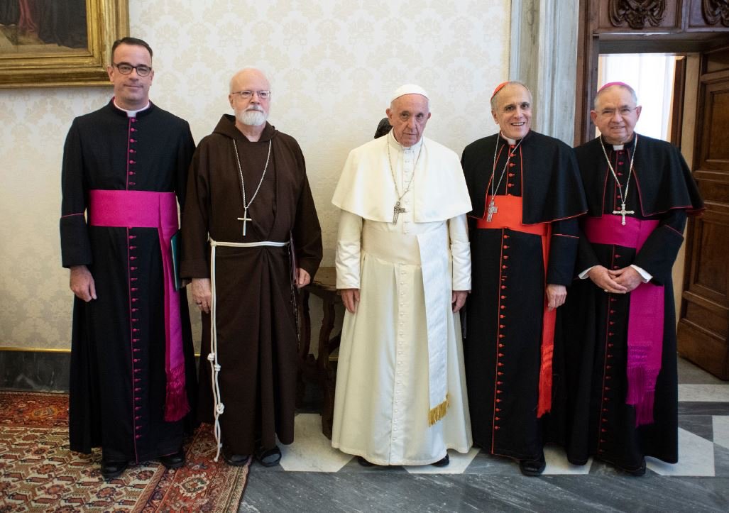Pope Francis poses with officials representing the U.S. Conference of Catholic Bishops during a meeting at the Vatican Sept. 13. Pictured from left are Msgr. J. Brian Bransfield