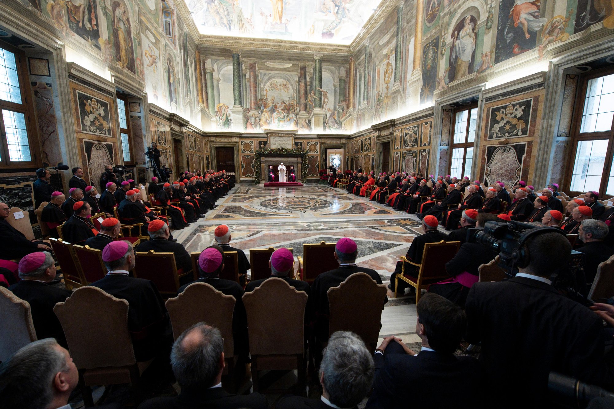 Pope Francis gives his annual pre-Christmas speech to officials of the Roman Curia and cardinals present in Rome Dec. 21 in the Clementine Hall of the Apostolic Palace. (CATHOLIC NEWS SERVICE/VATICAN MEDIA)