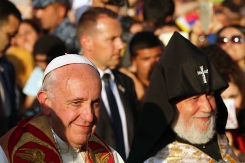 Pope Francis and Catholicos Karekin II at the ecumenical meeting and prayer for peace on Saturday