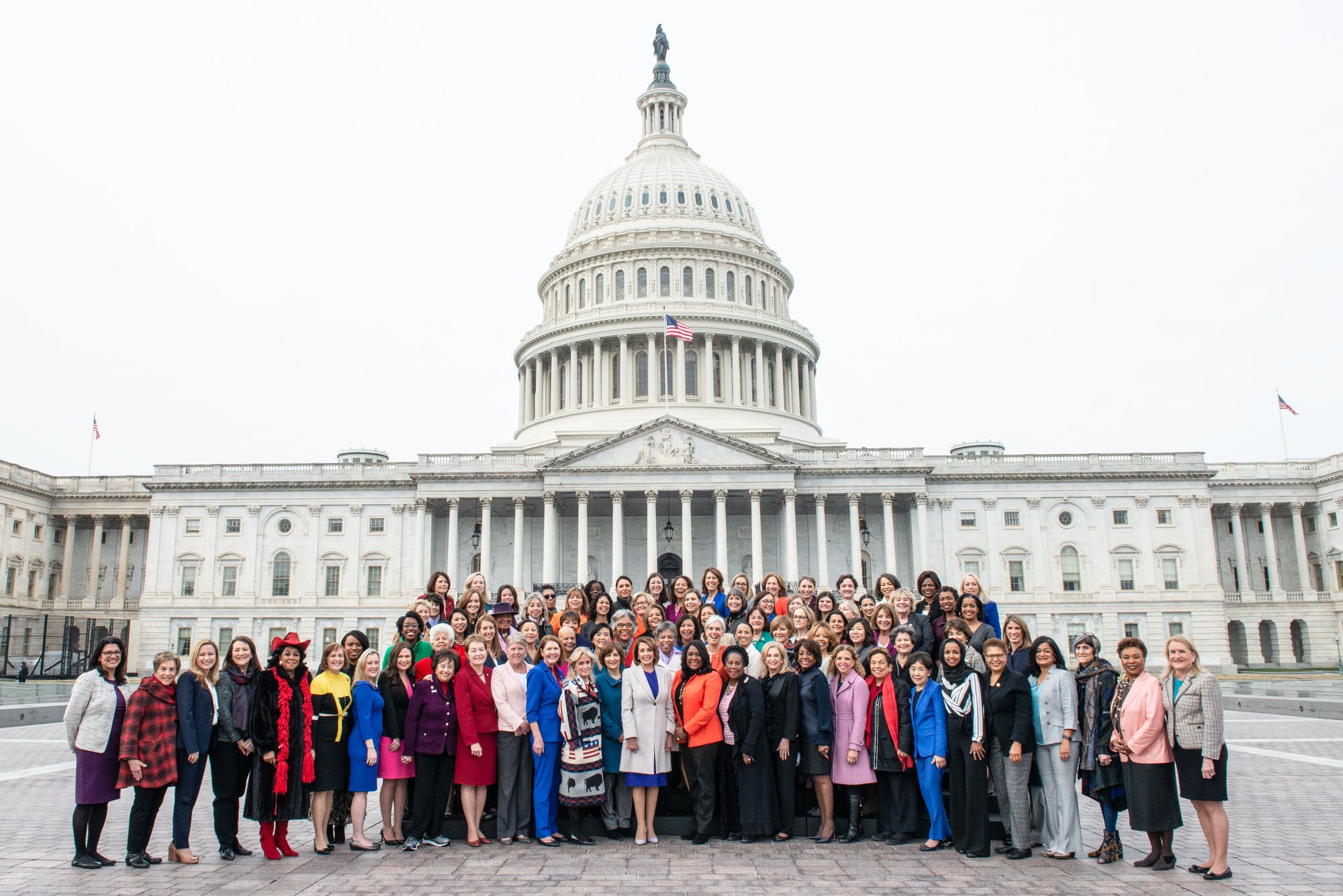 Speaker Nancy Pelosi and House Democratic women of the 116th Congress gathered in front of the Capitol for a photo opportunity the day after their swearing-in. With 91 women in the House Democratic Caucus